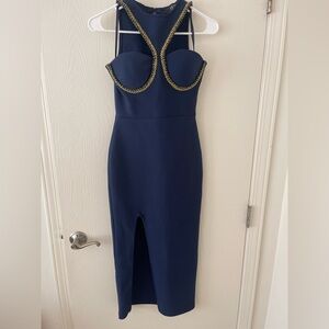 Elegant Navy Blue Dress with Gold Accents AKIRA